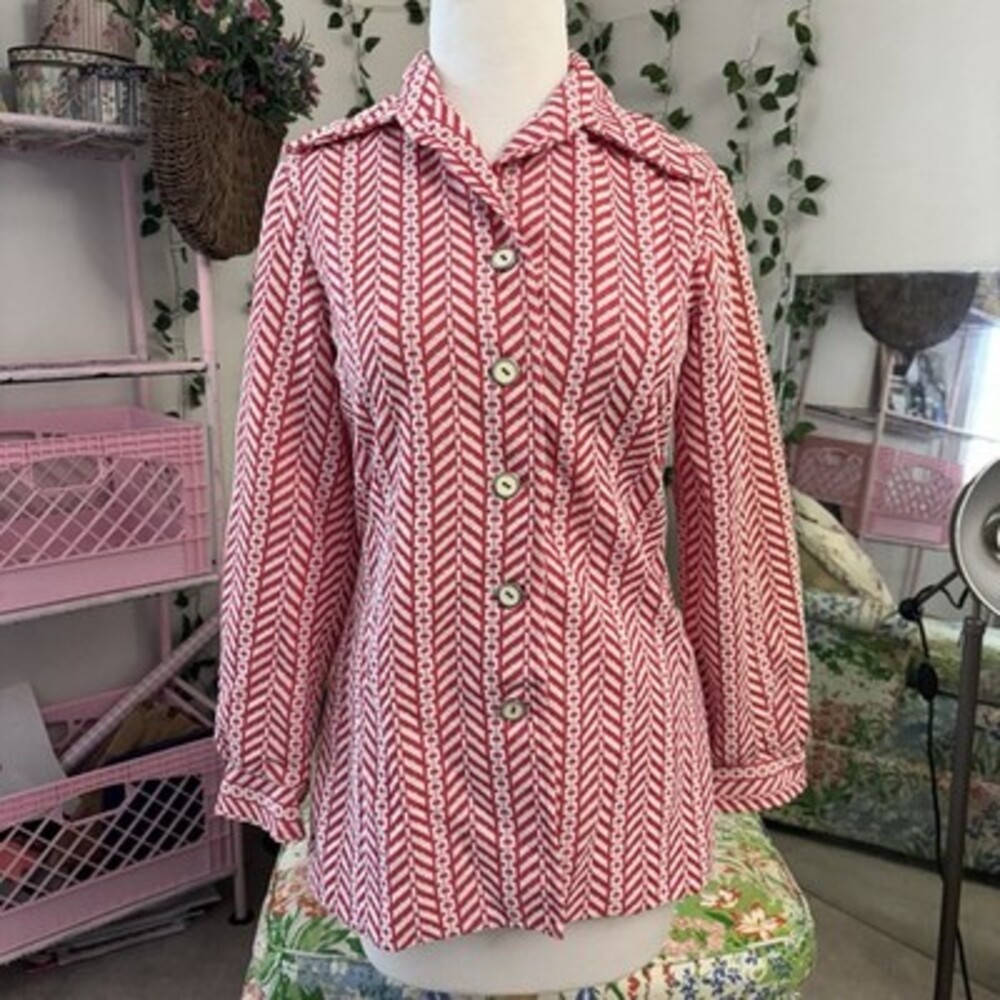Vintage Fritzi of California Red & White Chevron Knit Jacket Button-Up Mod Coat